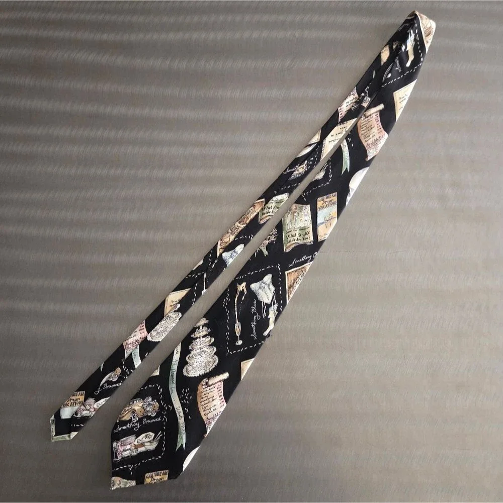 Nicole Miller Vintage 90s Multi Color Black Wedding Bride Groom Motif Silk Tie